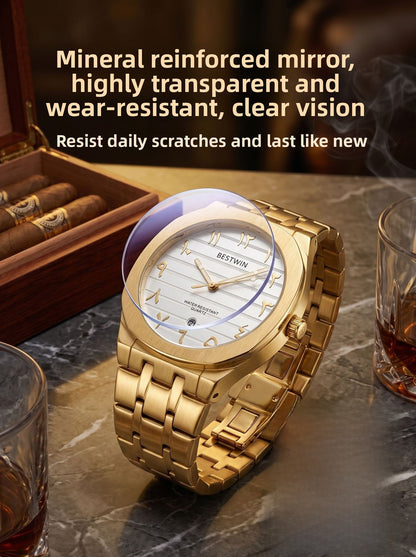 Men's Quartz Watch With Stainless Steel Strap And Round Dial Featuring Tempered Glass Mirror And Butterfly Double Snap Buckle