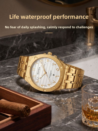 Men's Quartz Watch With Stainless Steel Strap And Round Dial Featuring Tempered Glass Mirror And Butterfly Double Snap Buckle
