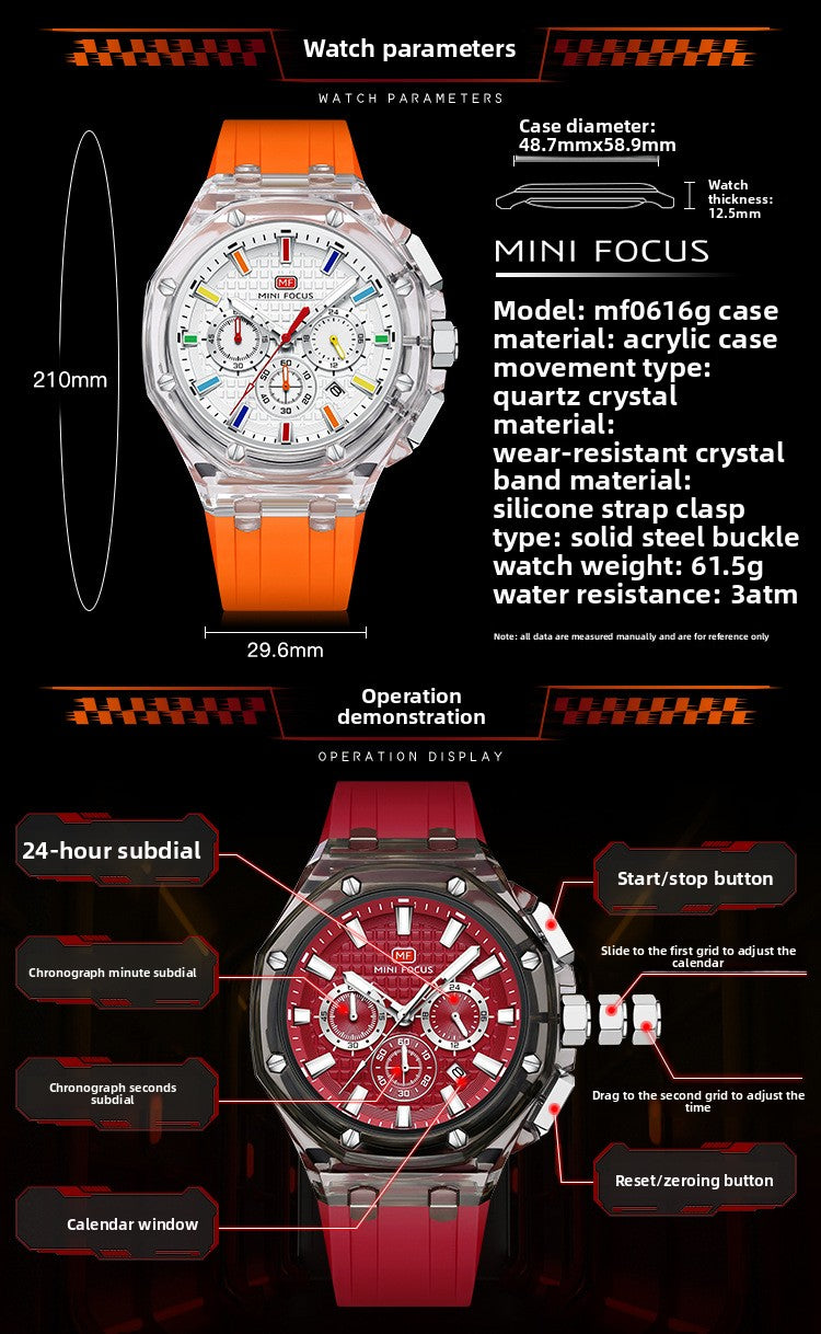 Men's Quartz Watch With Round Dial And Pointer Display, Silica Gel Strap With Pin Buckle