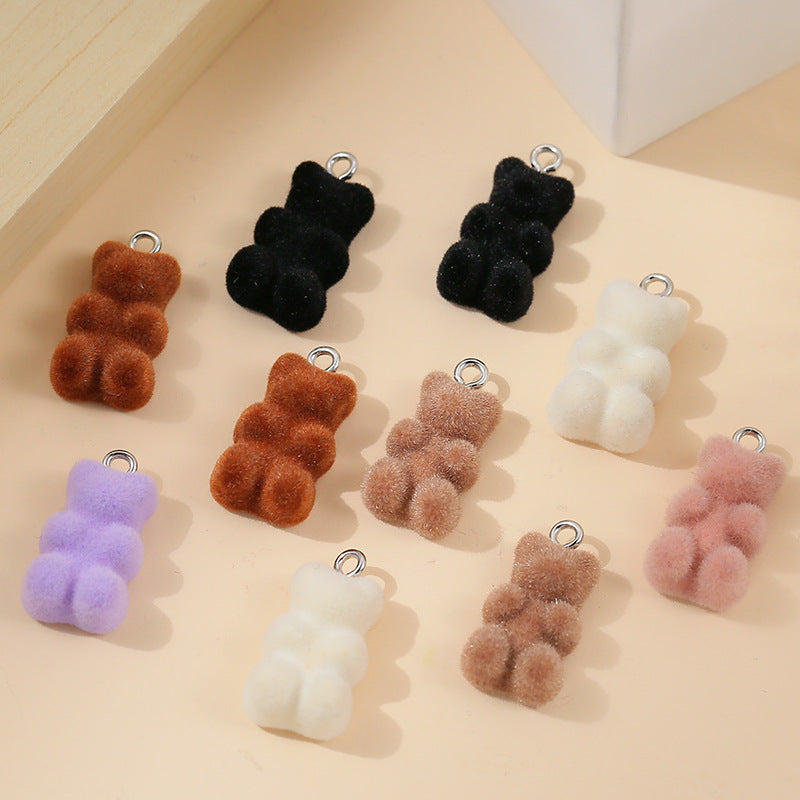 10 PCS Little Bear Plastic Pendants With Resin Inlay Featuring Flocking Craft For Jewelry Making