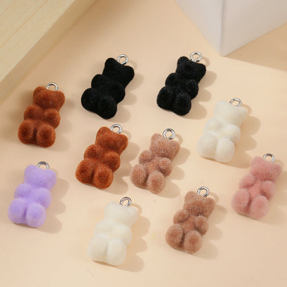 10 PCS Little Bear Plastic Pendants With Resin Inlay Featuring Flocking Craft For Jewelry Making