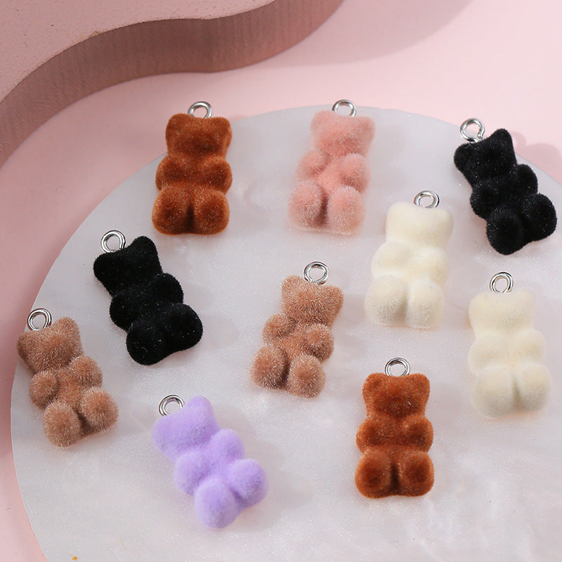10 PCS Little Bear Plastic Pendants With Resin Inlay Featuring Flocking Craft For Jewelry Making
