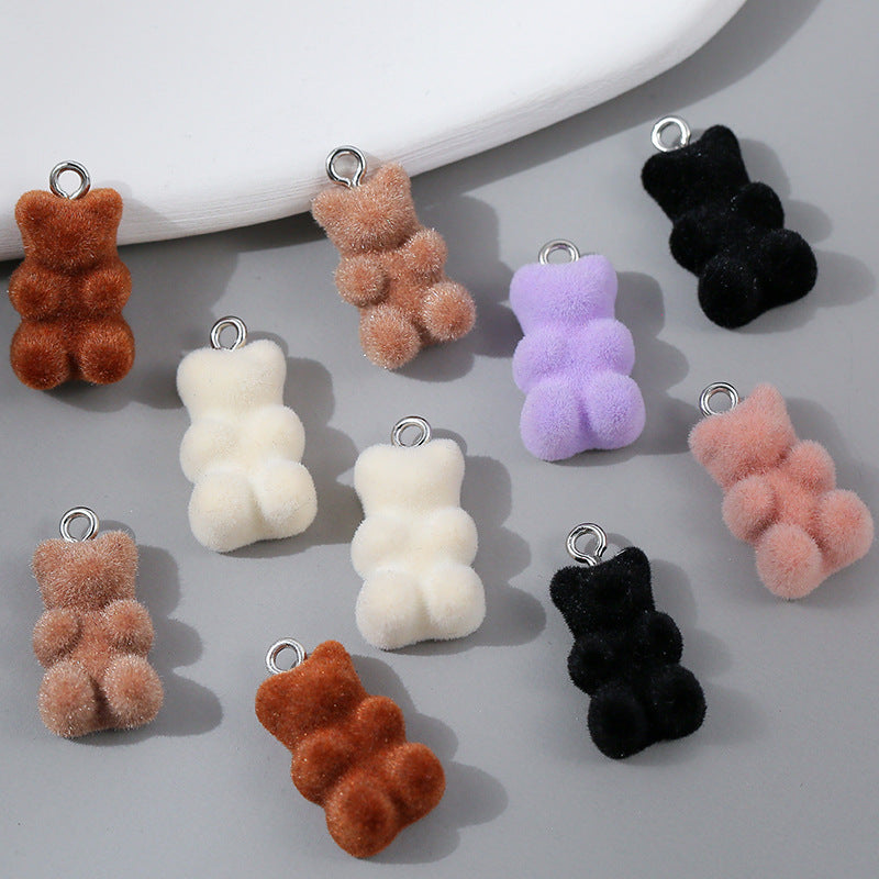 10 PCS Little Bear Plastic Pendants With Resin Inlay Featuring Flocking Craft For Jewelry Making