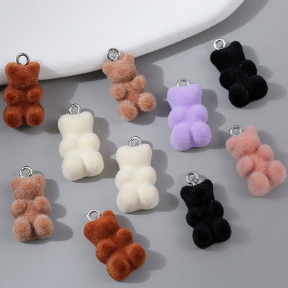 10 PCS Little Bear Plastic Pendants With Resin Inlay Featuring Flocking Craft For Jewelry Making