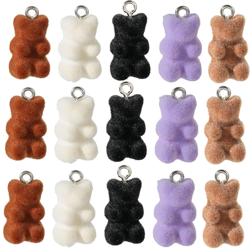 10 PCS Little Bear Plastic Pendants With Resin Inlay Featuring Flocking Craft For Jewelry Making
