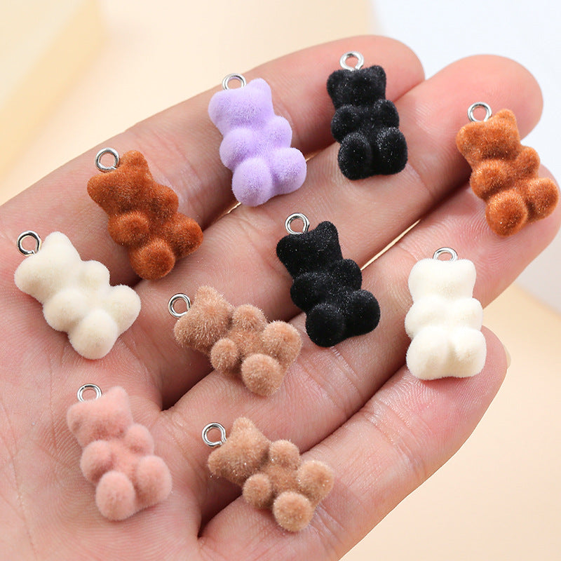 10 PCS Little Bear Plastic Pendants With Resin Inlay Featuring Flocking Craft For Jewelry Making