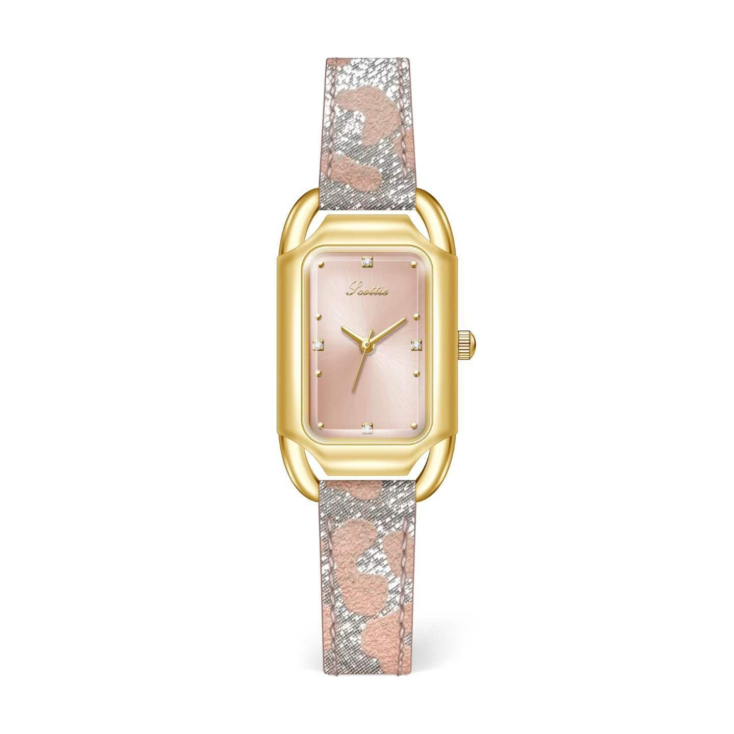 Women's Square Quartz Watch With Genuine Leather Strap And Pin Buckle, Featuring Tempered Glass Mirror