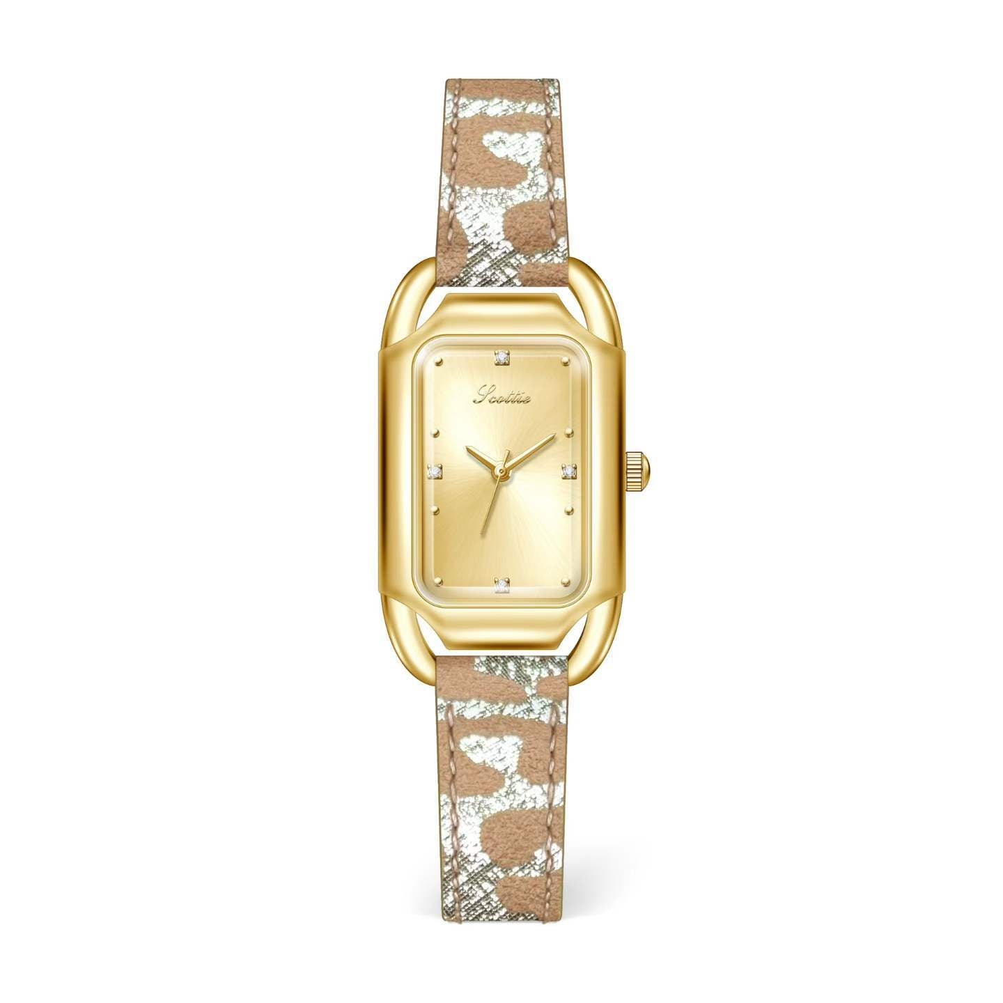 Women's Square Quartz Watch With Genuine Leather Strap And Pin Buckle, Featuring Tempered Glass Mirror