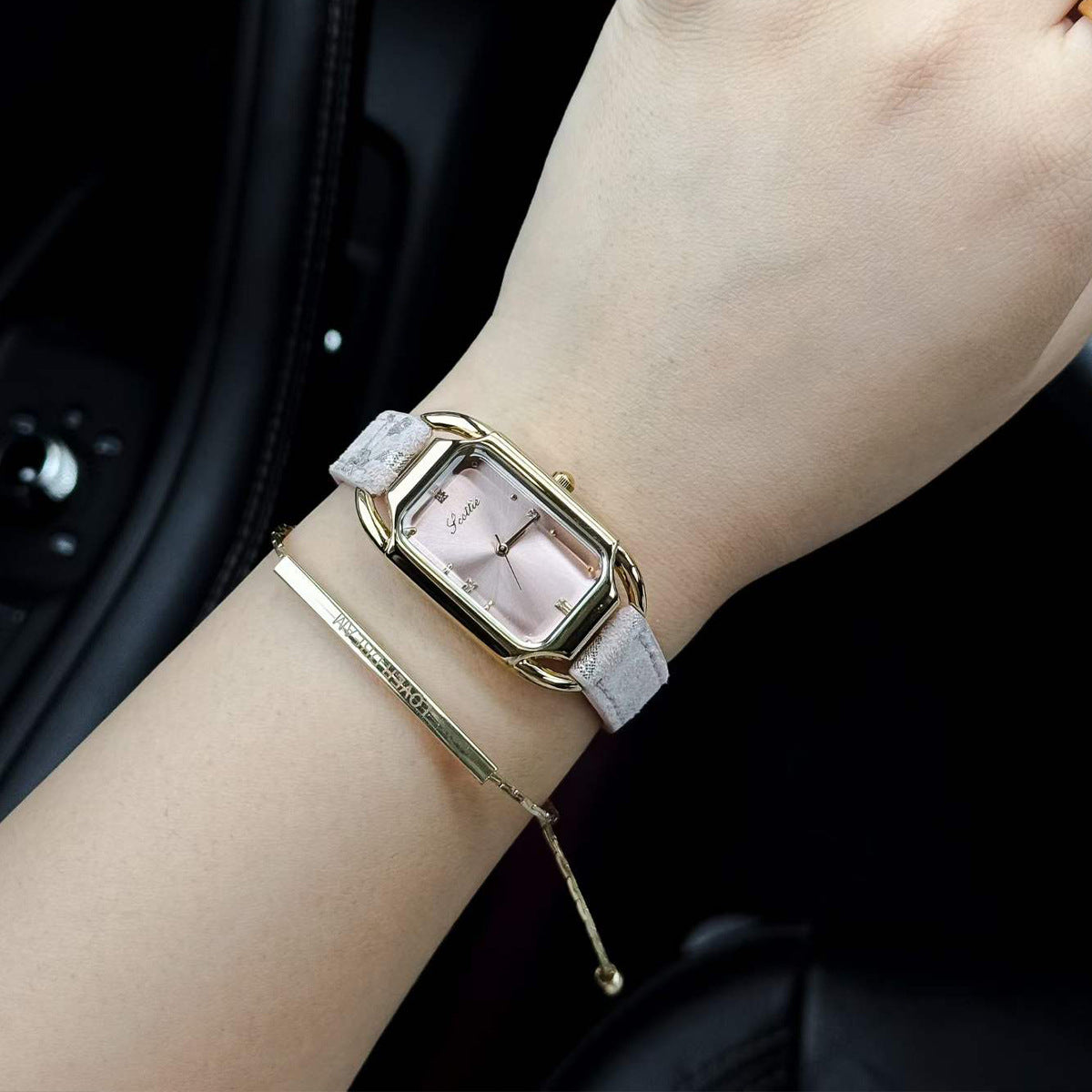 Women's Square Quartz Watch With Genuine Leather Strap And Pin Buckle, Featuring Tempered Glass Mirror