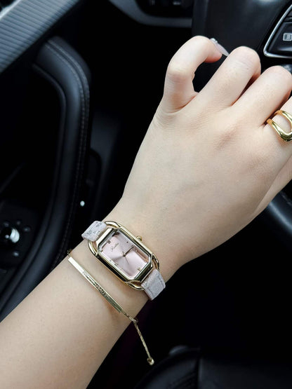 Women's Square Quartz Watch With Genuine Leather Strap And Pin Buckle, Featuring Tempered Glass Mirror