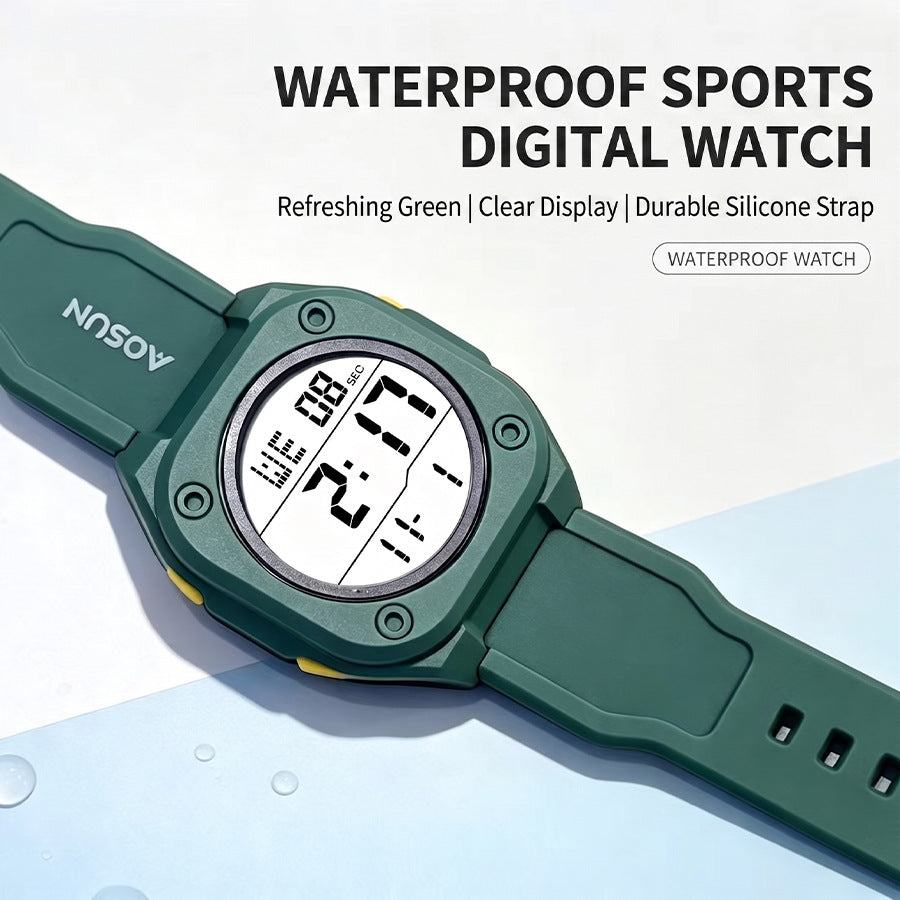 Men's Electronic Square Dial Watch With Plastic Mirror And Case, Number Display, Featuring Silica Gel Strap
