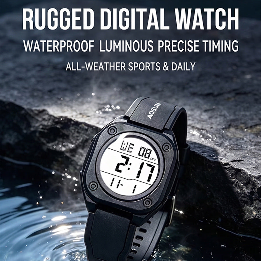 Men's Electronic Square Dial Watch With Plastic Mirror And Case, Number Display, Featuring Silica Gel Strap