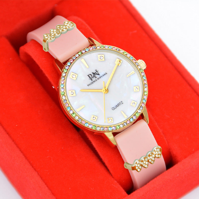 Women’s Quartz Watch With Silica Gel Strap, Round Dial Featuring Tempered Glass And Pointer Display, Pin Buckle