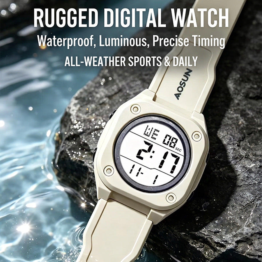 Men's Electronic Square Dial Watch With Plastic Mirror And Case, Number Display, Featuring Silica Gel Strap