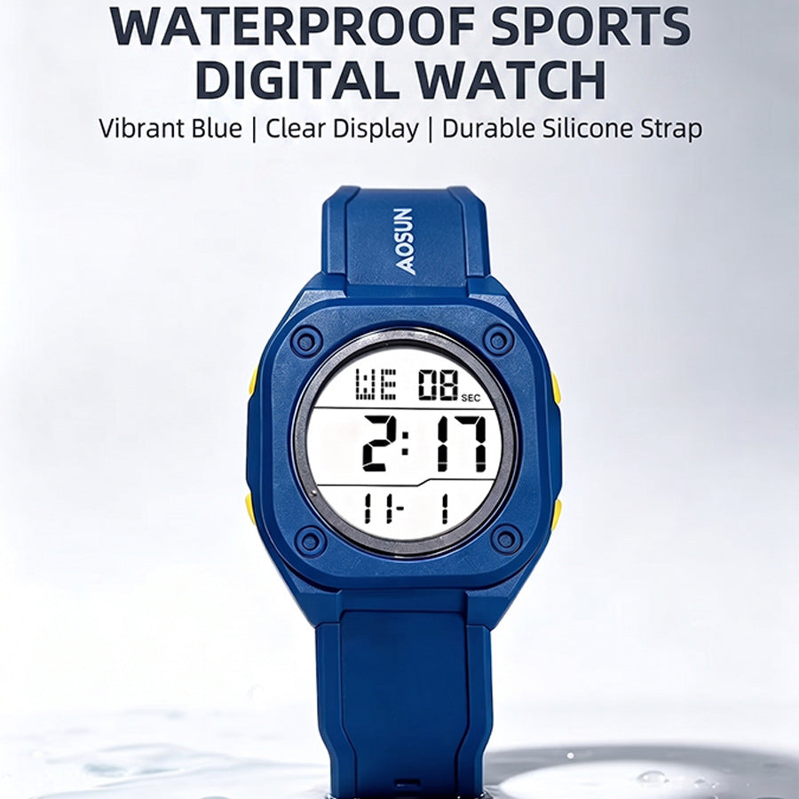 Men's Electronic Square Dial Watch With Plastic Mirror And Case, Number Display, Featuring Silica Gel Strap