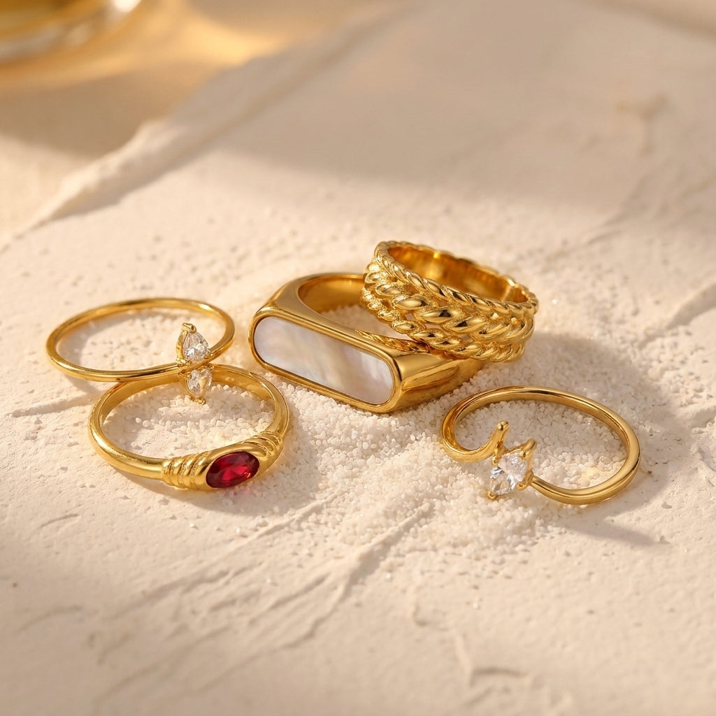 Geometric Electroplated Rings For Women In 304 Stainless Steel With 18K Real Gold PVD Coating And Shell Inlay