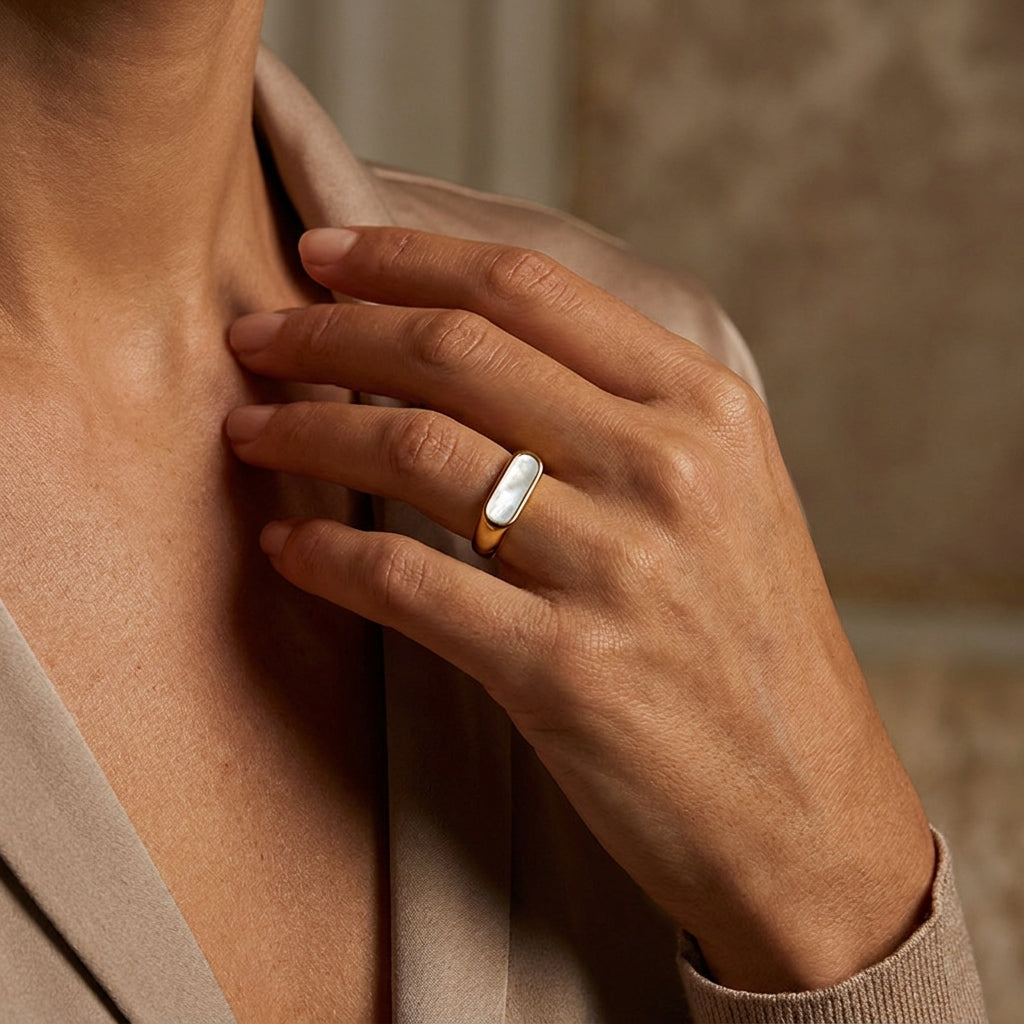 Geometric Electroplated Rings For Women In 304 Stainless Steel With 18K Real Gold PVD Coating And Shell Inlay