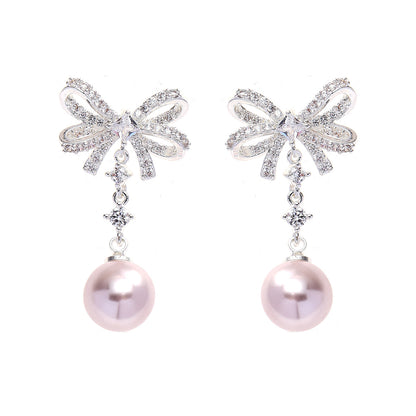Silver Bow Tie Stud Earrings For Women In Copper With Rhinestones And 925 Sterling Silver Posts