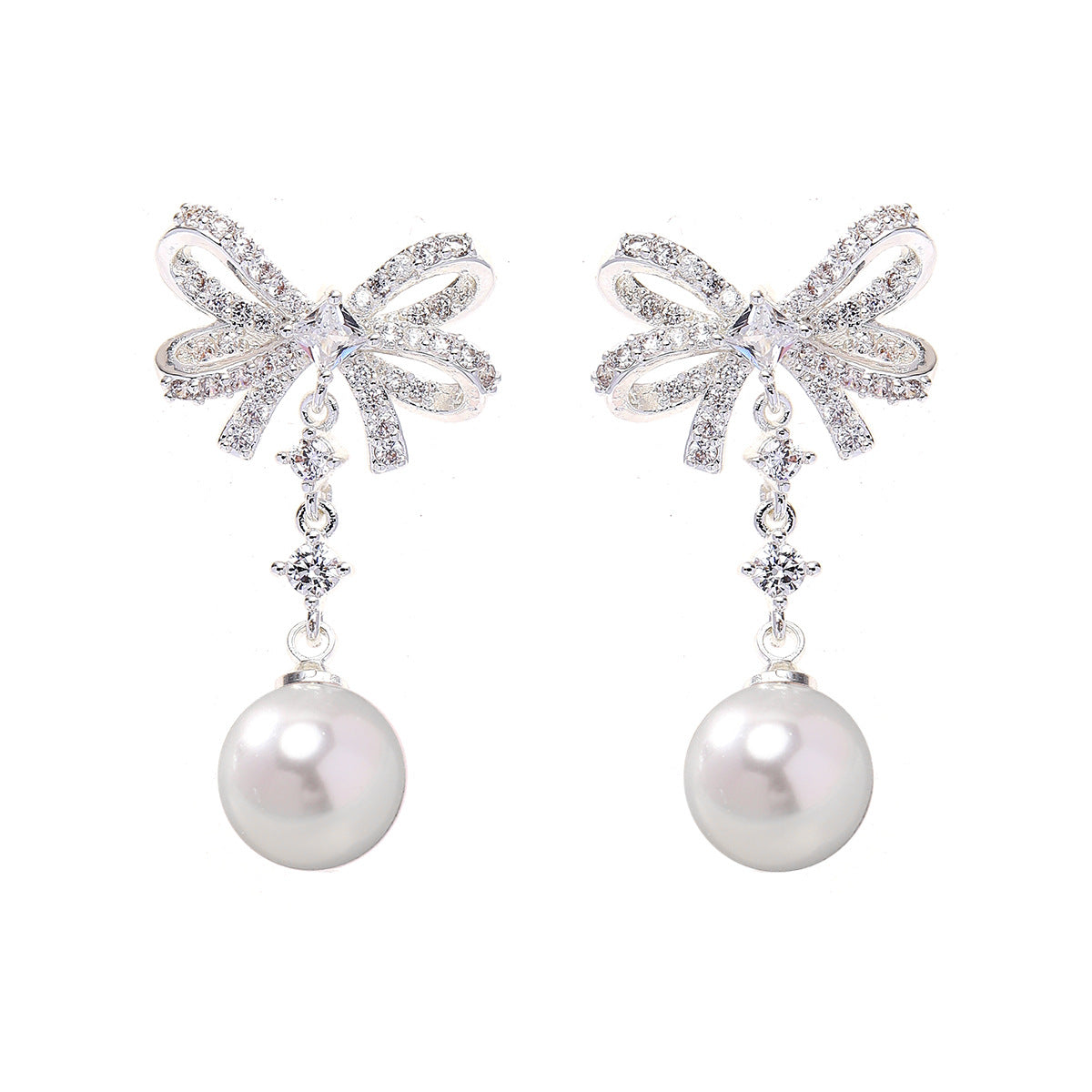 Silver Bow Tie Stud Earrings For Women In Copper With Rhinestones And 925 Sterling Silver Posts