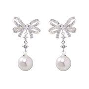 Silver Bowknot Pearl Earrings