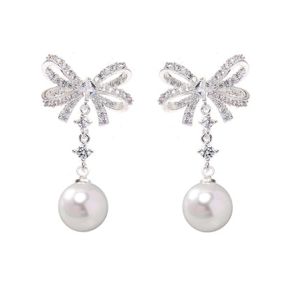 Silver Bow Tie Stud Earrings For Women In Copper With Rhinestones And 925 Sterling Silver Posts