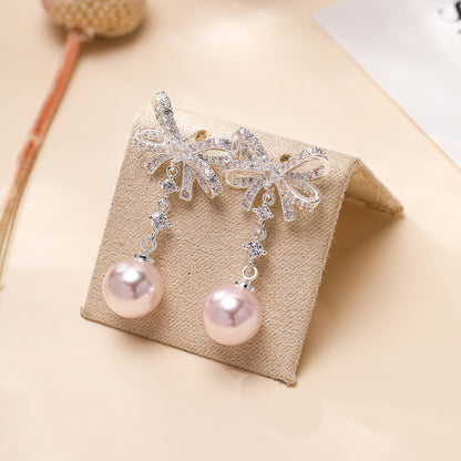 Silver Bow Tie Stud Earrings For Women In Copper With Rhinestones And 925 Sterling Silver Posts