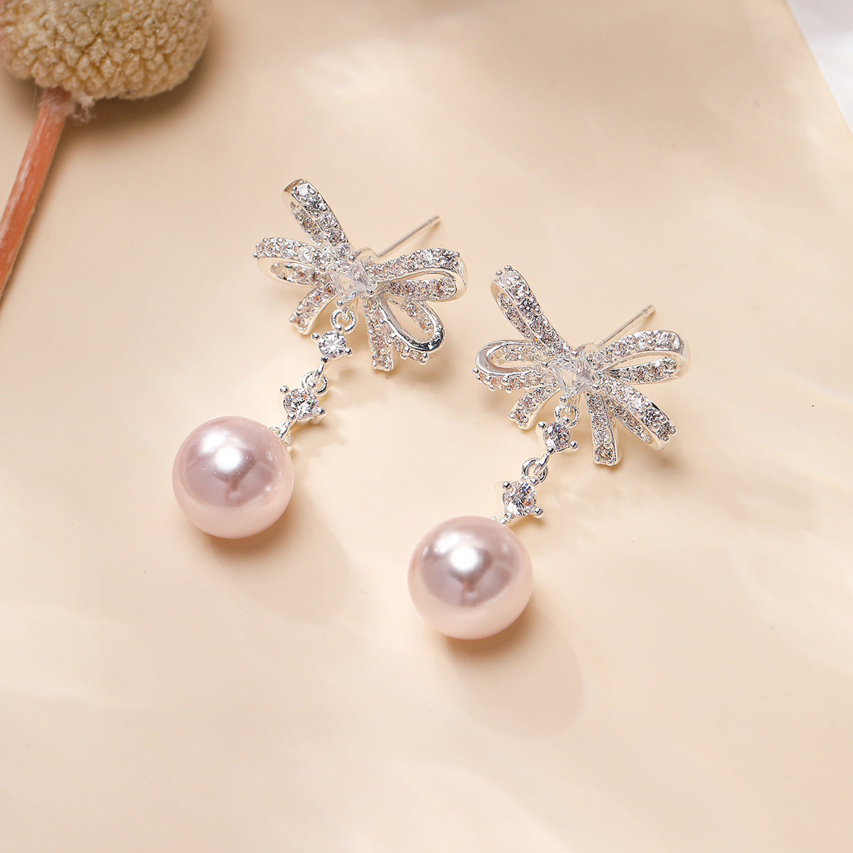 Silver Bow Tie Stud Earrings For Women In Copper With Rhinestones And 925 Sterling Silver Posts