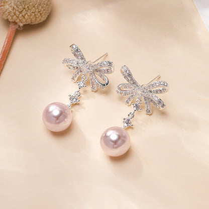 Silver Bow Tie Stud Earrings For Women In Copper With Rhinestones And 925 Sterling Silver Posts