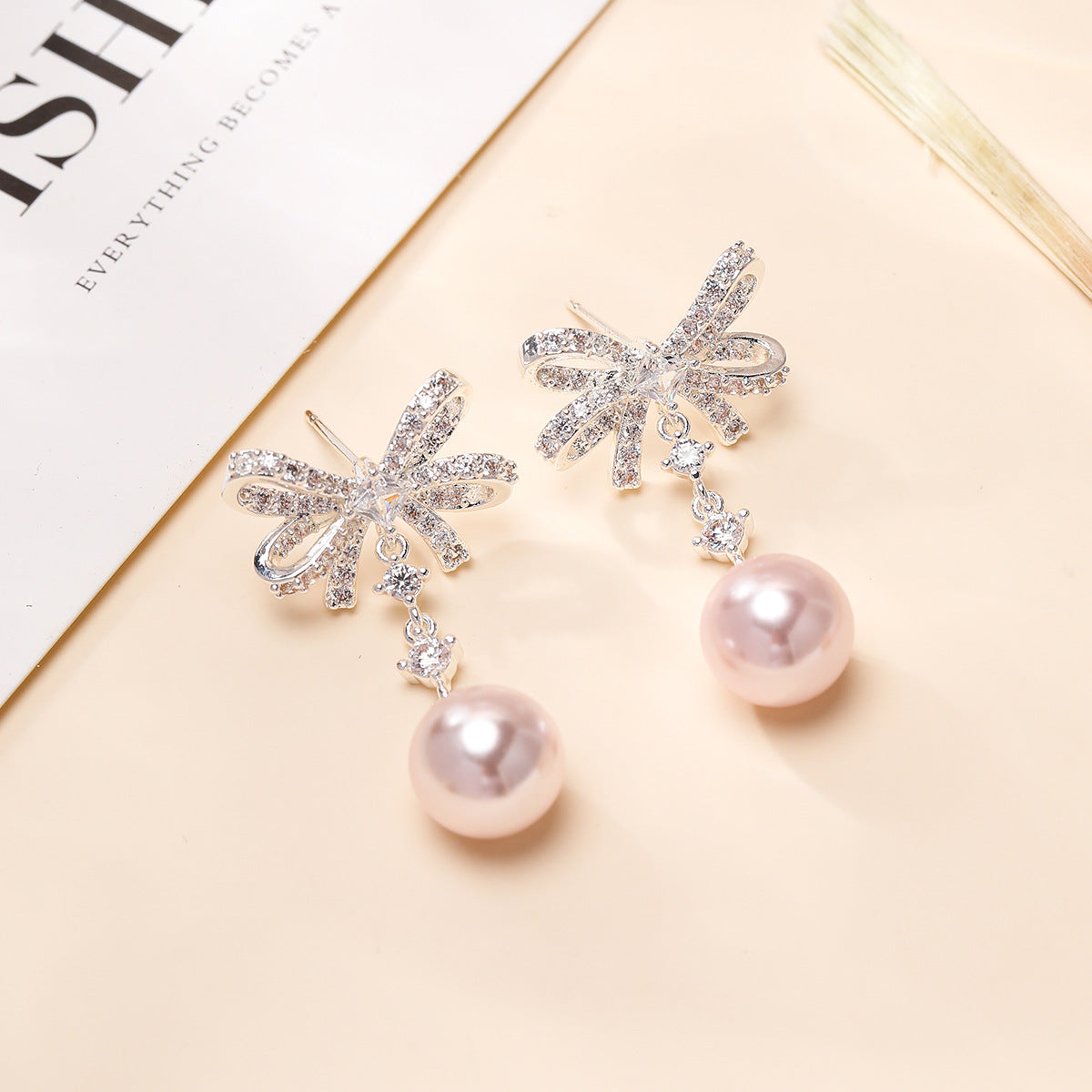 Silver Bow Tie Stud Earrings For Women In Copper With Rhinestones And 925 Sterling Silver Posts