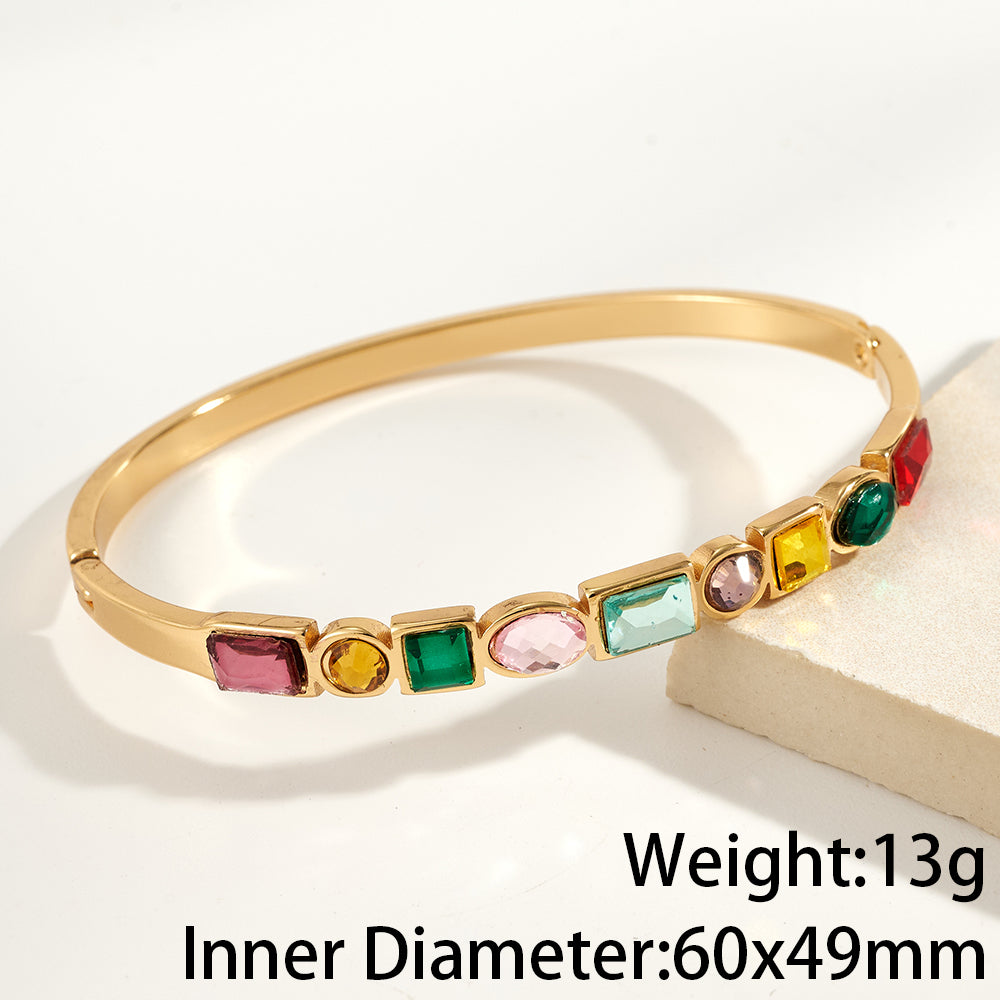 Round Electroplated Bangle For Women In 304 Stainless Steel With 18K Real Gold PVD Coating And Rhinestone Inlay