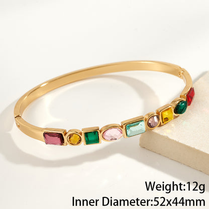 Round Electroplated Bangle For Women In 304 Stainless Steel With 18K Real Gold PVD Coating And Rhinestone Inlay