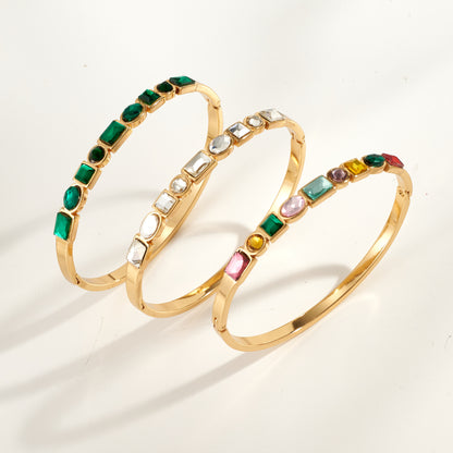 Round Electroplated Bangle For Women In 304 Stainless Steel With 18K Real Gold PVD Coating And Rhinestone Inlay
