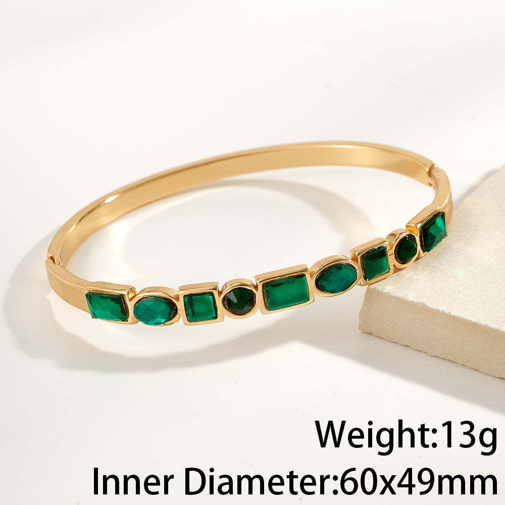 Round Electroplated Bangle For Women In 304 Stainless Steel With 18K Real Gold PVD Coating And Rhinestone Inlay