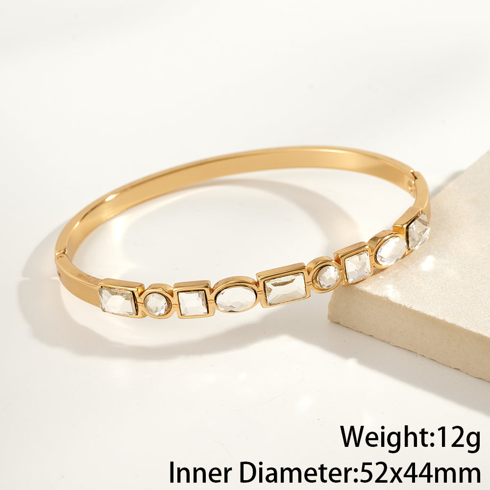 Round Electroplated Bangle For Women In 304 Stainless Steel With 18K Real Gold PVD Coating And Rhinestone Inlay