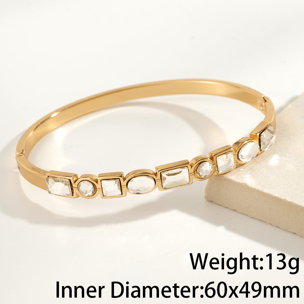 Round Electroplated Bangle For Women In 304 Stainless Steel With 18K Real Gold PVD Coating And Rhinestone Inlay