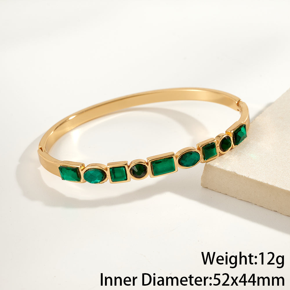 Round Electroplated Bangle For Women In 304 Stainless Steel With 18K Real Gold PVD Coating And Rhinestone Inlay