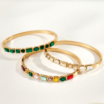 Round Electroplated Bangle For Women In 304 Stainless Steel With 18K Real Gold PVD Coating And Rhinestone Inlay