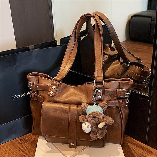 Women’s Genuine Leather Solid Color Square Tote Bag With Top Handle Featuring Elegant Ornament Design