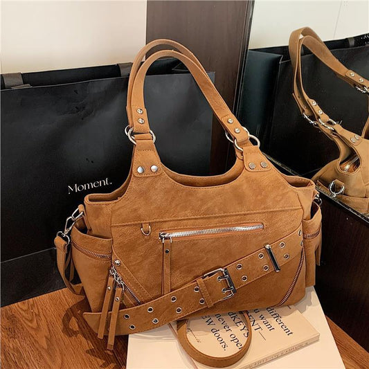 Women’s Genuine Leather Square Tote Bag With Rivet Detail, Large Capacity And Single Shoulder Strap