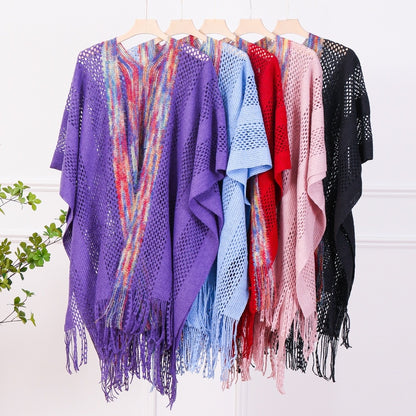 Solid Color Knit Shawl For Women In Dyed Black, Perfect For Spring Season