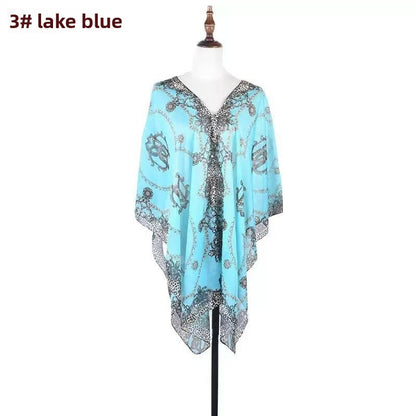 Women’s Chiffon Shawl With Chains Print In Navy Blue, Perfect For Summer