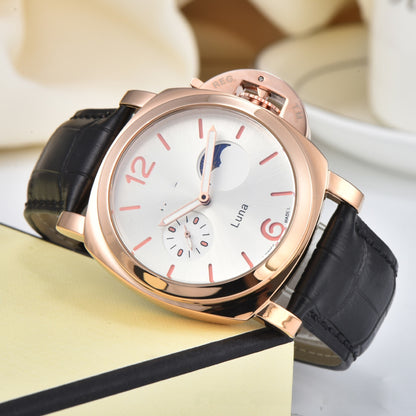 Men's Quartz Watch With Genuine Leather Strap And Pin Buckle Featuring Round Dial And Tempered Glass Mirror