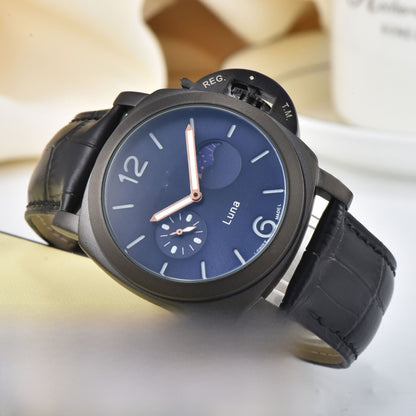 Men's Quartz Watch With Genuine Leather Strap And Pin Buckle Featuring Round Dial And Tempered Glass Mirror