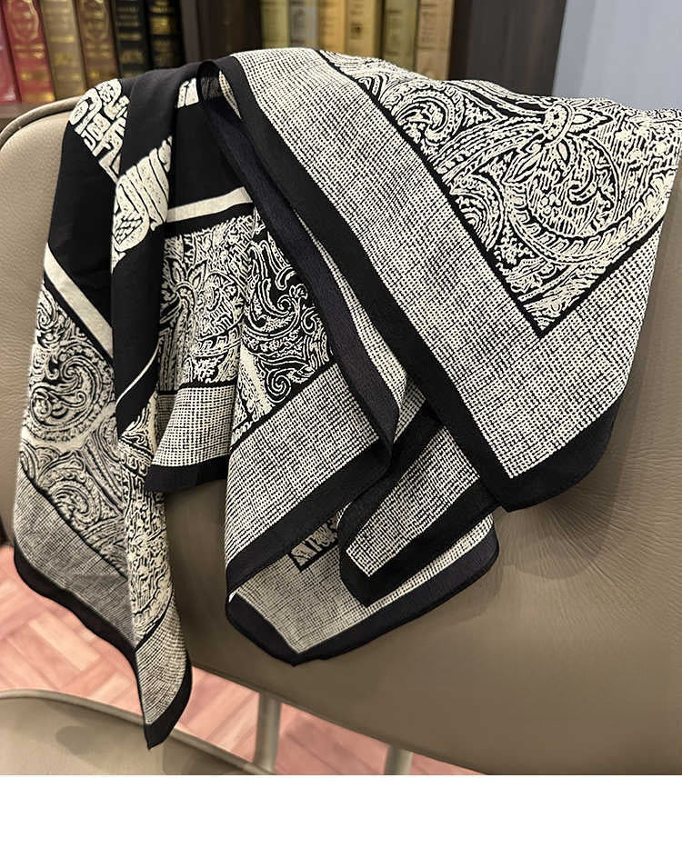 Women's Simple Style Silk Scarf In Black & White, Perfect For Summer