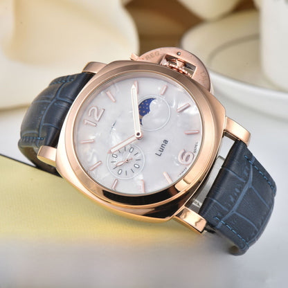 Men's Quartz Watch With Genuine Leather Strap And Pin Buckle Featuring Round Dial And Tempered Glass Mirror