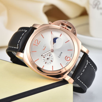 Men's Quartz Watch With Genuine Leather Strap And Pin Buckle Featuring Round Dial And Tempered Glass Mirror