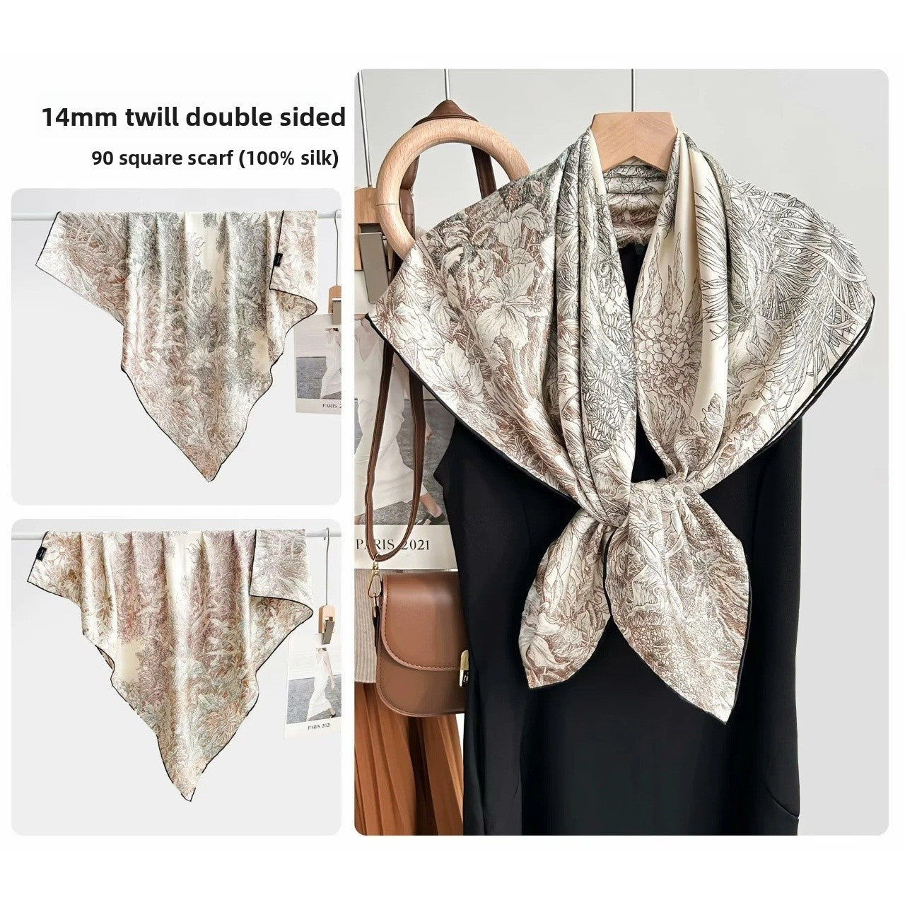 Women’s Silk Plant Pattern Scarf In Multicolor, Suitable For All Seasons