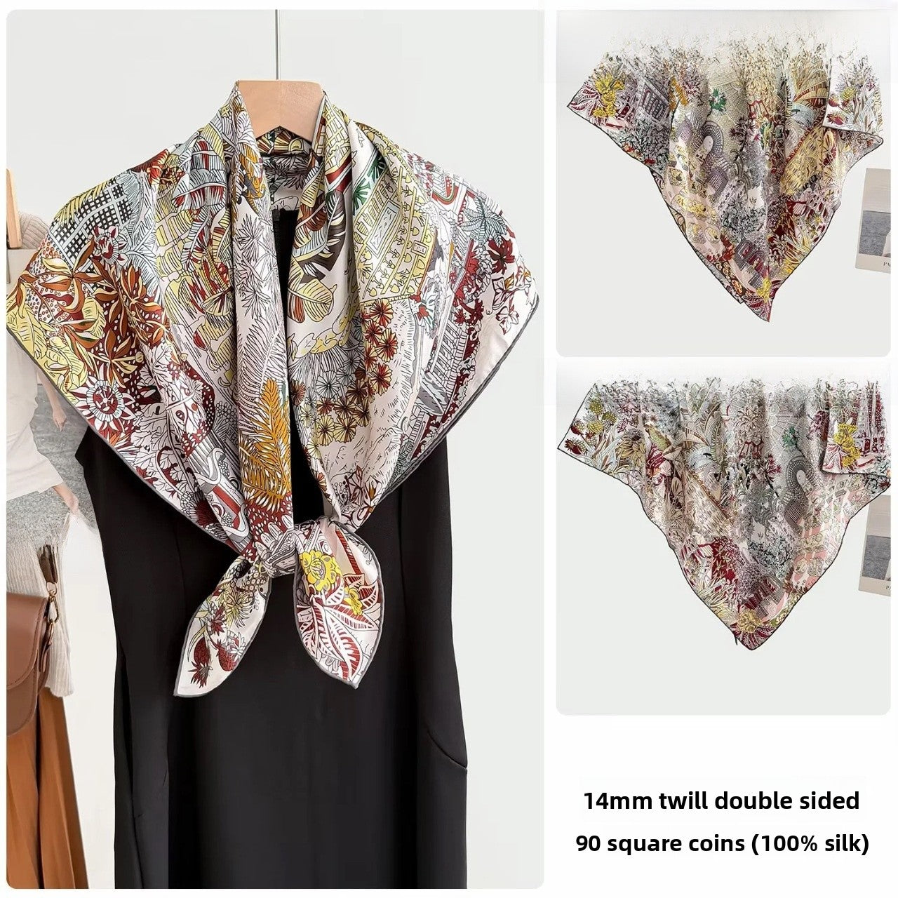 Women’s Silk Plant Pattern Scarf In Multicolor, Suitable For All Seasons