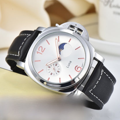 Men's Quartz Watch With Genuine Leather Strap And Pin Buckle Featuring Round Dial And Tempered Glass Mirror