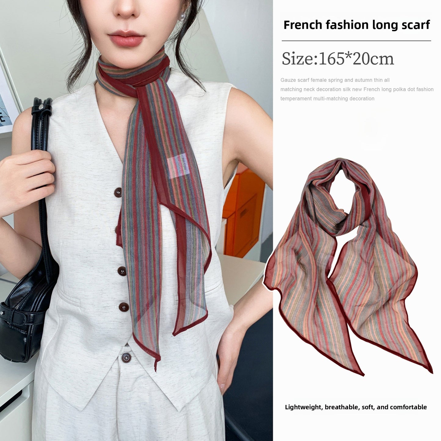 French Style Plaid Silk Scarf For Women In Multicolor Polyester, Perfect For Spring